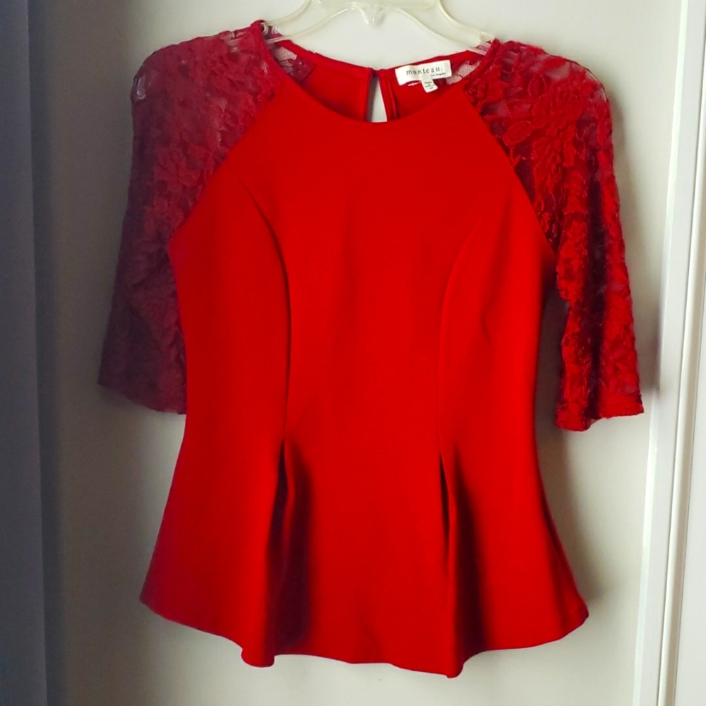 Red pleated top with lace sleeves